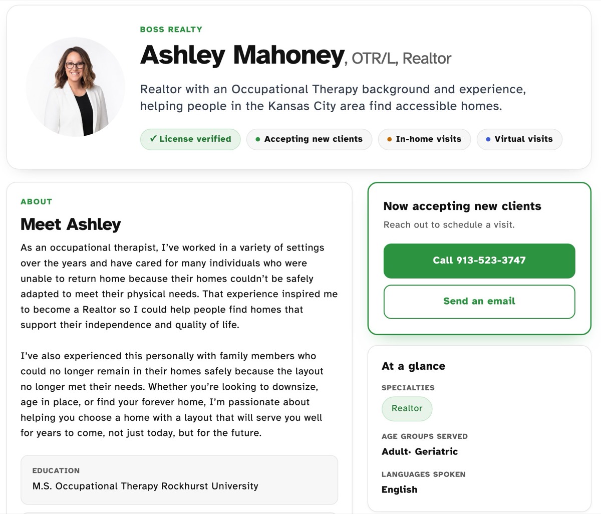 A live OTP profile in the AskSAMIE provider directory: verified license, specialties, and direct call and email buttons